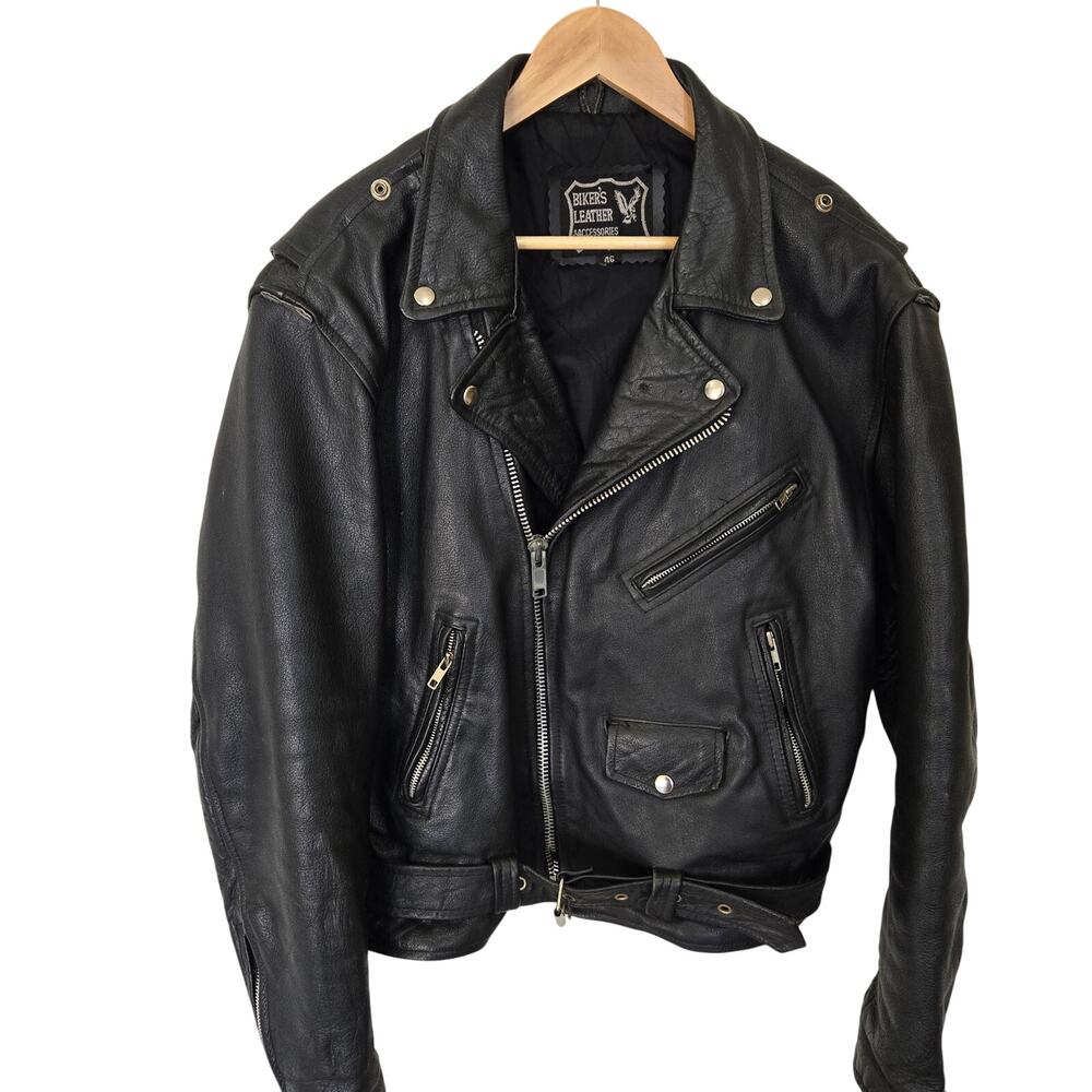Vtg Biker's Leather Accessories Black Leather Jacket Distressed Sz 46 (M)